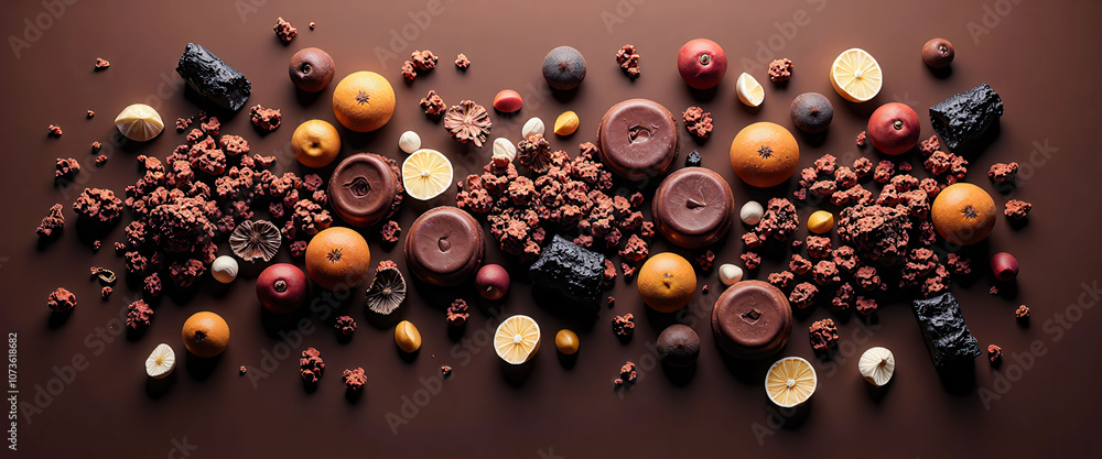 Poster a chocolate display with many different shapes and sizes of chocolate. concept of abundance and vari