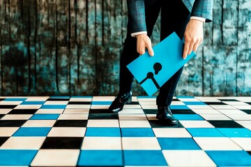 Fototapeta premium A man in a suit holding a blue folder on a patterned floor, showcasing a professional environment.