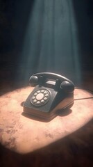 Vintage Black Telephone Under Dramatic Light with Soft Shadows Creating a Nostalgic Atmosphere and Evocative Feelings of Time Gone By in a Dimly Lit Environment