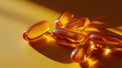 A close-up of translucent orange gel capsules on a vibrant yellow surface, reflecting light and creating soft shadows.