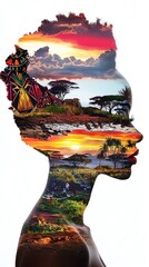 A vibrant double exposure image showcasing a silhouette of a woman's profile filled with colorful landscapes and nature scenes.