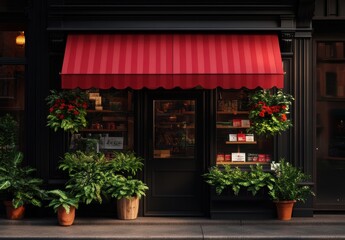 Obraz premium Discover the inviting charm of this boutique, adorned with lush greenery and vibrant flowers, accentuated by a striking red awning. Perfect for a cozy shopping experience.