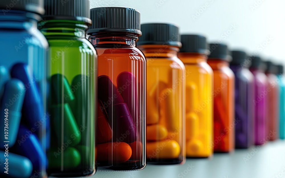 Poster a vibrant row of colorful pill bottles filled with assorted capsules, the spectrum of dietary supple