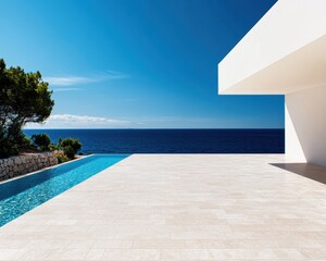 A stunning oceanview pool area combines contemporary design with natural beauty, showcasing an inviting space for relaxation under the vibrant blue sky and tranquil waves.