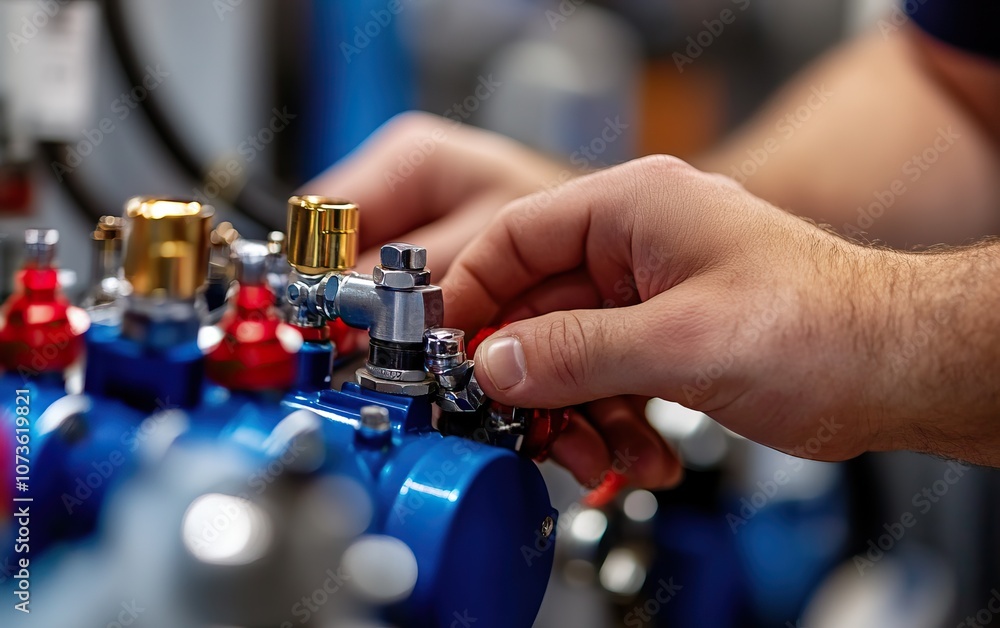 Poster a person adjusts machinery components, focusing on precision and technical detail in a workshop sett