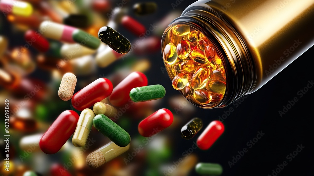 Poster a close-up image of various multicolored capsules and pills spilling out of a container against a da