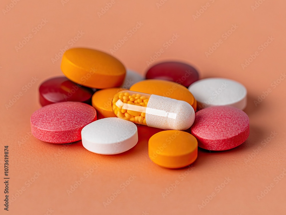Poster a colorful assortment of various pills and capsules scattered on a soft orange background, showcasin
