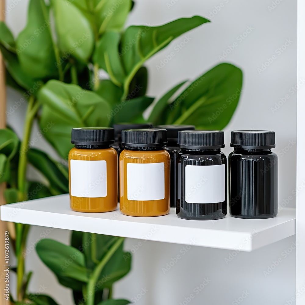 Poster a simple shelf displays jars of different colors alongside lush green foliage, creating a harmonious