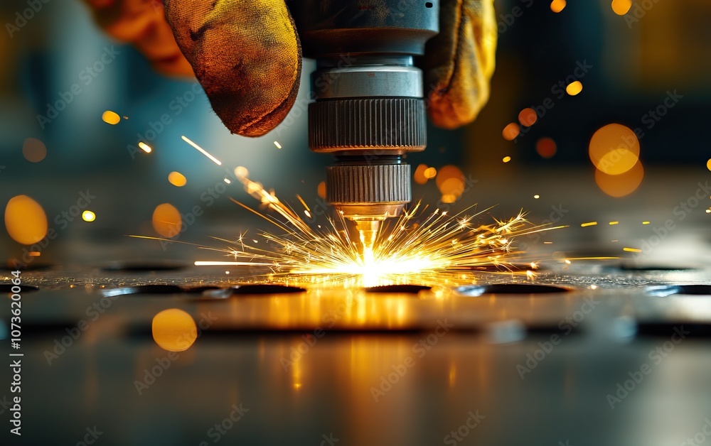Poster a close-up view of a metalworking tool creating sparks as it drills into a metal surface, showcasing