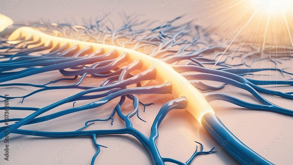 Poster a detailed depiction of a spinal cord with branching nerves, illustrated in vibrant blue and glowing