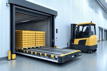 Naklejka premium Forklift loading pallets of goods onto a loading dock.