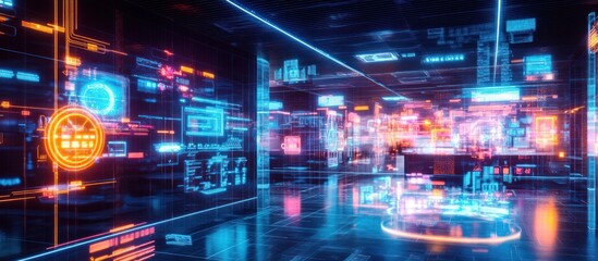 Futuristic digital workspace with glowing interfaces and data displays.