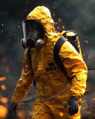 A solitary figure clad in a bright yellow hazmat suit strides through a chaotic environment, showcasing resilience and determination amidst danger.