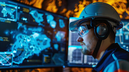 A Safety-Conscious Technician Examines Data on Multiple Monitors in a High-Tech Environment During a Mining Operation That Emphasizes the Use of Advanced Technology for Mineral Extraction