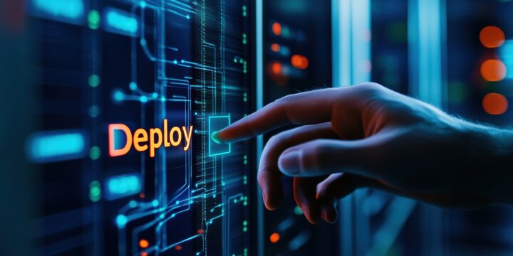 A hand poised to click the "Deploy" button on a futuristic interface, symbolizing the critical moment in software deployment and technology management.