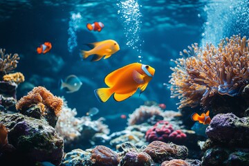 Obraz premium Colorful Clownfish and Coral Reef Underwater Scene