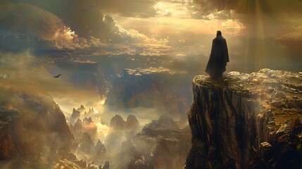 Jesus standing tall on a high cliff, staring at the lands below, as Satan, in a dark cloak, points out all the kingdoms of the world, representing the allure of ultimate power 