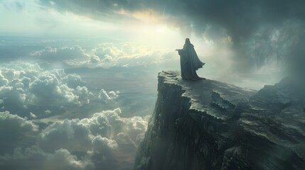 Jesus standing tall on a high cliff, staring at the lands below, as Satan, in a dark cloak, points out all the kingdoms of the world, representing the allure of ultimate power 