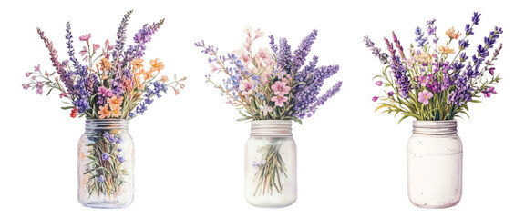 Watercolor bouquets of lavender with wildflowers in a jar. Rustic bouquet of half-timbered flowers in watercolor. Vector illustration.