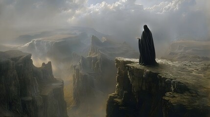 Jesus standing tall on a high cliff, staring at the lands below, as Satan, in a dark cloak, points out all the kingdoms of the world, representing the allure of ultimate power 