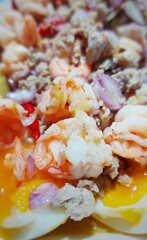 Delicious Shrimp Egg and Pork Salad with Red Onion and Chili