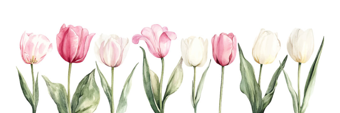 Watercolor tulips png. Pink and white tulips with green leaves in retro watercolor style. Spring elements, vector.