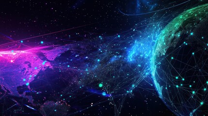 A digital representation of Earth connected by networks, emphasizing technology and communication.
