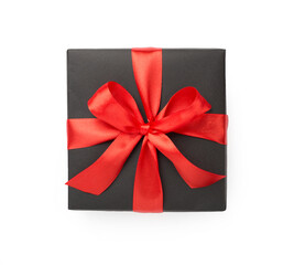 Black gift box isolated on white, top view. Black Friday concept