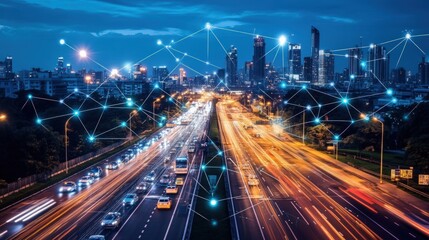 A futuristic cityscape with glowing lines representing network connections above a busy highway at night.