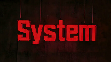 Red neon sign spelling "System" hanging on a dark wood background.