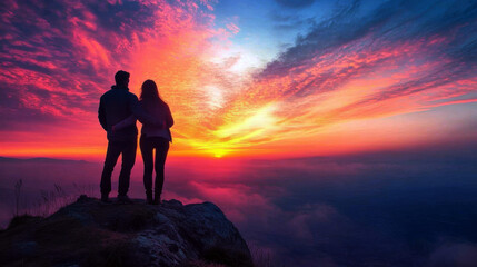 Obraz premium A couple stands together on a rocky outcrop, enveloped in stunning colors of the sunset, symbolizing love and connection against a breathtaking natural backdrop.
