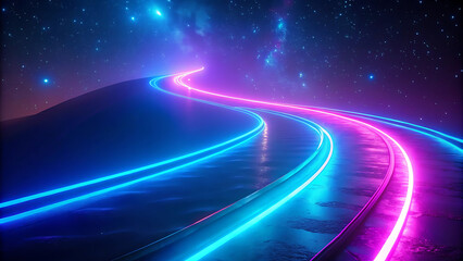Neon road effect. Curved blue and pink LED light trails, creating fast motion. Laser stripes glowing on a dark backdrop. Horizontal template color gradient, rough retro vibe shine bright light