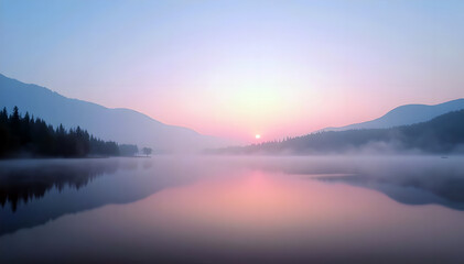 Fototapeta premium Foggy Lake Sunrise with Mountains Reflection 