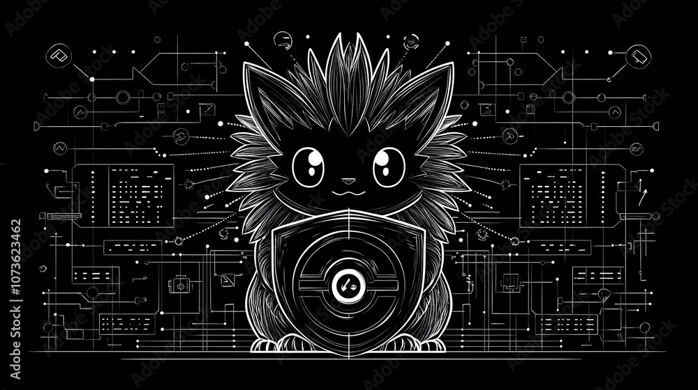 Aufkleber a cute cartoon hedgehog with a shield in front of it, surrounded by circuit board patterns, represen