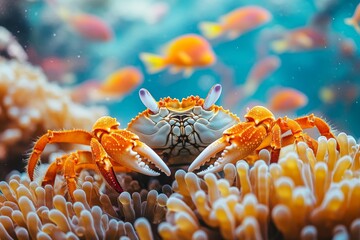 Yellow Crab on Coral Reef in Underwater Habitat