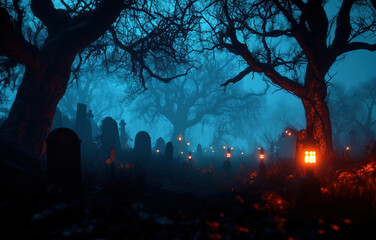 A hauntingly beautiful graveyard shrouded in mist, illuminated by glowing lanterns, surrounded by ancient trees, evoking a sense of mystery and a connection to the past.