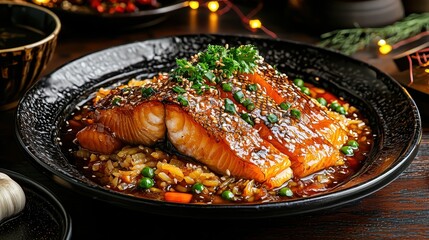 A beautifully plated dish of salmon with a savory glaze, garnished with green herbs and served on a black plate, showcasing vibrant colors and textures.