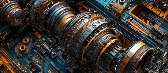 A close-up view of intricate machinery with metallic textures and vibrant colors.