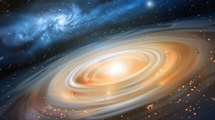 Obraz premium A close-up of a glowing planet disk floating in space, with a soft focus on the background stars, emphasizing the celestial object. The image captures the serene beauty of the universe, with ample cop