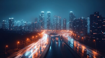 Obraz premium A cityscape at night with a highway in the foreground. The city lights create a beautiful blur of color.