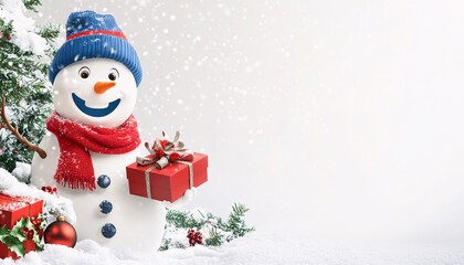 Smiling snowman in a red scarf and blue hat against a Christmas background with ample copy space for holiday messages and greetings.