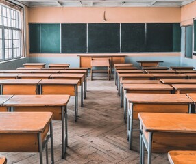 Empty Vintage Classroom with Wooden Desks