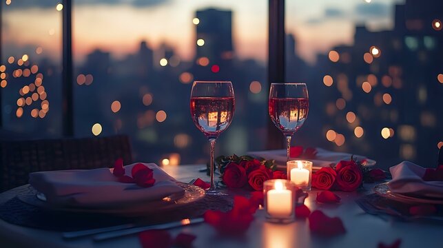 Romantic Valentine's dinner at a candlelit rooftop terrace, roses scattered on the table, with a panoramic city skyline and soft music playing in the background