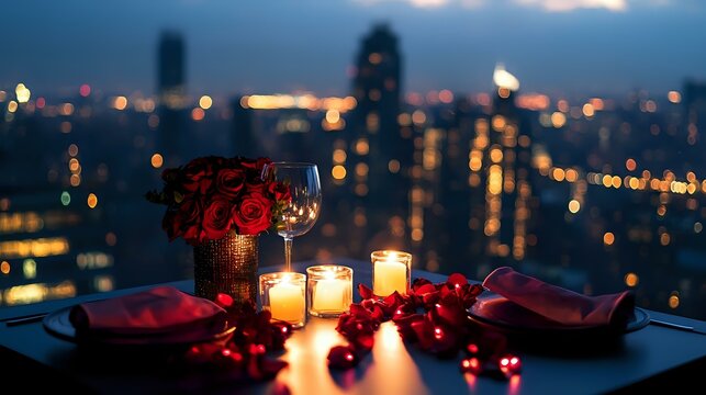 Romantic Valentine's dinner at a candlelit rooftop terrace, roses scattered on the table, with a panoramic city skyline and soft music playing in the background - Powered by Adobe