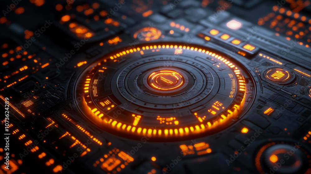 Poster a digital interface displays intricate patterns with glowing orange accents against a dark backdrop,