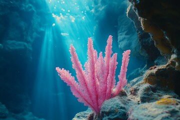 Fototapeta premium Underwater Coral Reef with Pink Sea Fan and Sunlight Rays