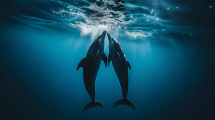 Fototapeta premium Two dolphins playing each other under sea water.