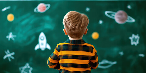 A young child gazes at a colorful chalkboard filled with drawings of planets, stars, and rockets, igniting a sense of wonder and curiosity about space and exploration.