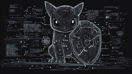 A digital rendering of a cat with a shield, rendered in a futuristic, cyberpunk style, on a black background with binary code.