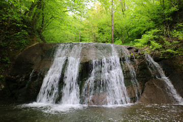 beautiful mini waterfall flowing in the silence of the forest